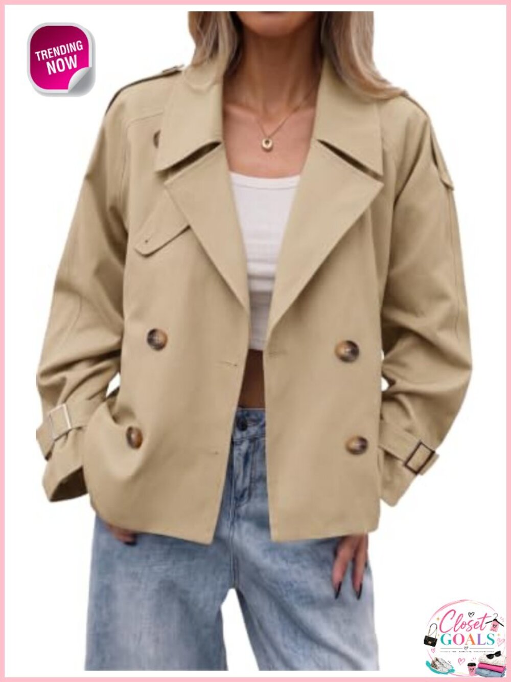 Womens Cropped Trench Coat Double Breasted Lightweight Fall Jacket